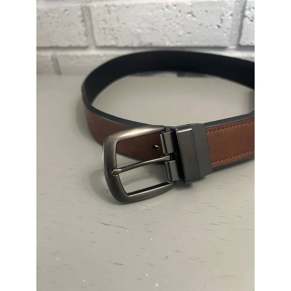 NWOT Brown Black Reversible Leather Belt Mens 38-40 Gunmetal Buckle